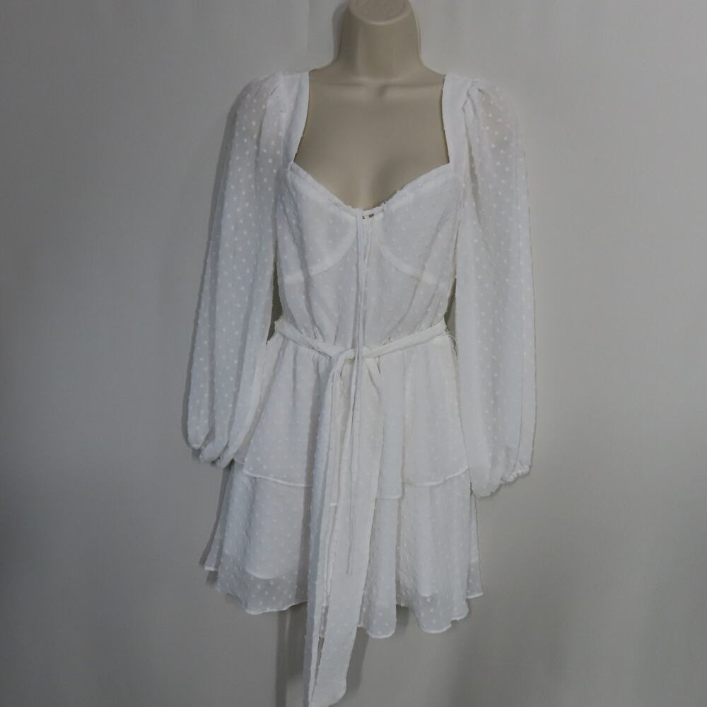 Yumi Kim White Swiss Dot Mini Dress Long Sleeve Sweetheart Neckline Sash Belt 4